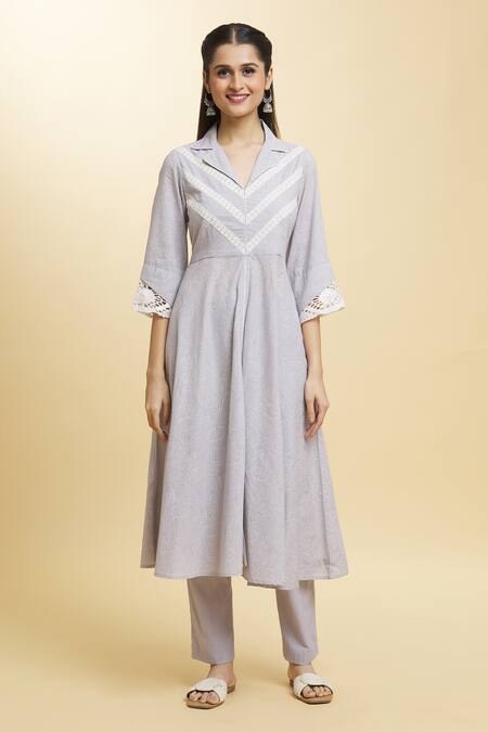 Adara Khan_Gray Cotton, Chanderi Lace, Embroidery Floral Anarkali Set With Dupatta _at_Aza_Fashions