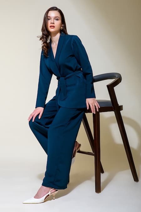 Shop Saangi Green Polyester Blazer And Straight Leg Pant Power Suit Set at Aza Fashions Shop_Saangi_Green Polyester Blazer And Straight Leg Pant Power Suit Set _at_Aza_Fashions
