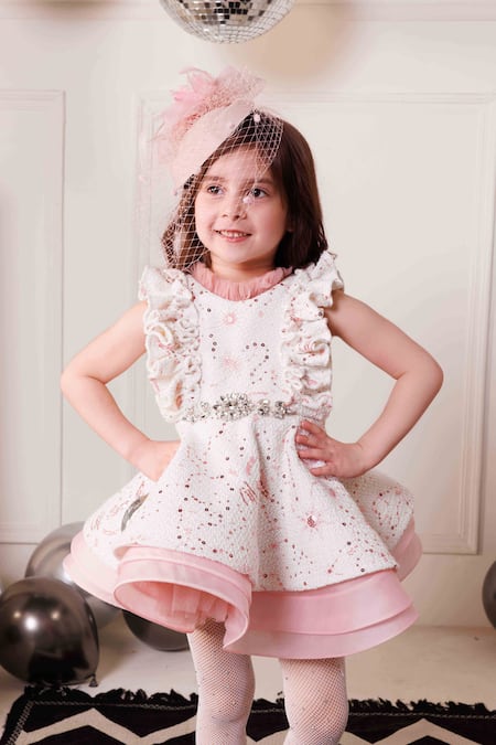 Shop Hoity Moppet White Organza Sequins Cashmere Tweed Frilled Dress Online at Aza Fashions Shop_Hoity Moppet_White Organza Sequins Cashmere Tweed Frilled Dress _Online_at_Aza_Fashions