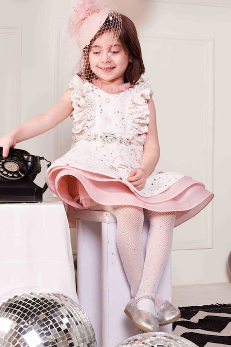 Hoity Moppet White Organza Sequins Cashmere Tweed Frilled Dress at Aza Fashions Hoity Moppet_White Organza Sequins Cashmere Tweed Frilled Dress _at_Aza_Fashions
