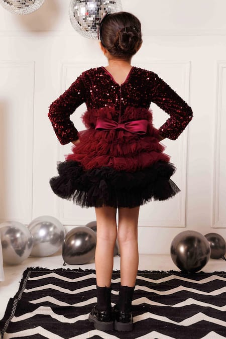 Shop Hoity Moppet Red Velvet Sequins Cherry Bomb Tulle Frilled Dress at Aza Fashions Shop_Hoity Moppet_Red Velvet Sequins Cherry Bomb Tulle Frilled Dress _at_Aza_Fashions