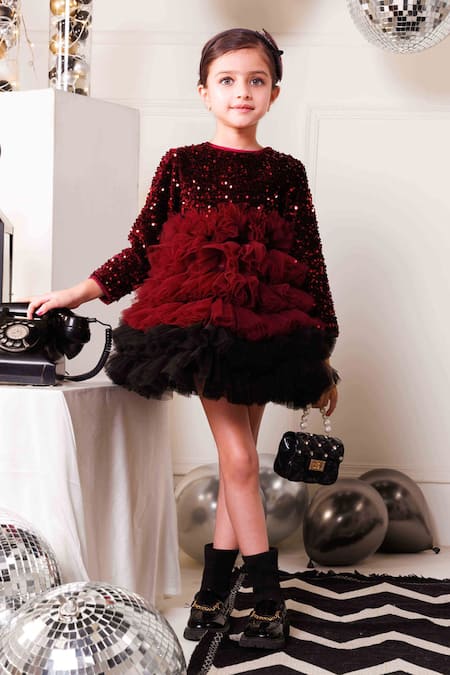 Hoity Moppet Red Velvet Sequins Cherry Bomb Tulle Frilled Dress at Aza Fashions Hoity Moppet_Red Velvet Sequins Cherry Bomb Tulle Frilled Dress _at_Aza_Fashions