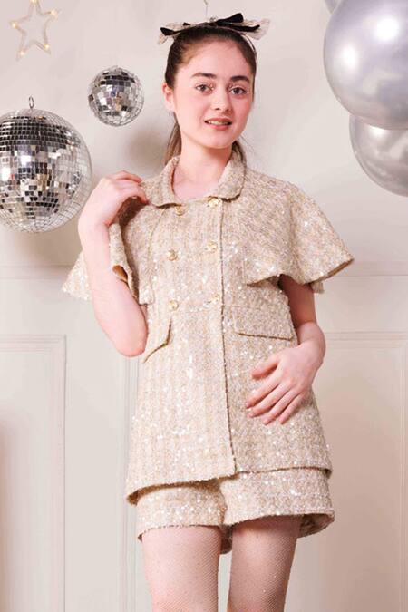 Hoity Moppet_Gold Tweed Cindy Top And Shorts Set _Online_at_Aza_Fashions