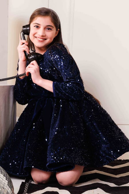 Buy_Hoity Moppet_Blue Velvet Sequins Disco Dress _Online_at_Aza_Fashions