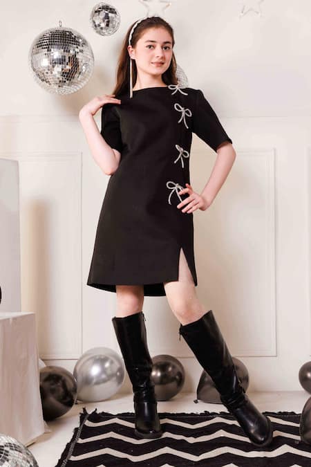 Hoity Moppet_Black Crepe Bows Feline Swarovski Dress _Online_at_Aza_Fashions