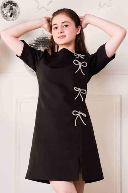 Buy_Hoity Moppet_Black Crepe Bows Feline Swarovski Dress _Online_at_Aza_Fashions