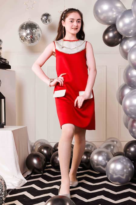 Buy_Hoity Moppet_Red Satin Stone Embellished Dress _Online_at_Aza_Fashions