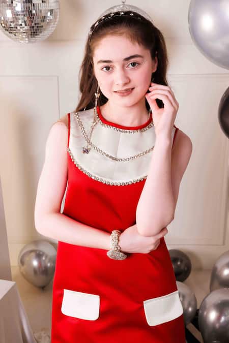 Shop_Hoity Moppet_Red Satin Stone Embellished Dress _Online_at_Aza_Fashions