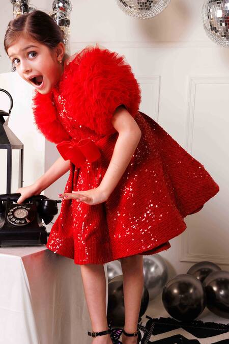 Hoity Moppet_Red Silk Sequins Ruby Flared Dress _at_Aza_Fashions