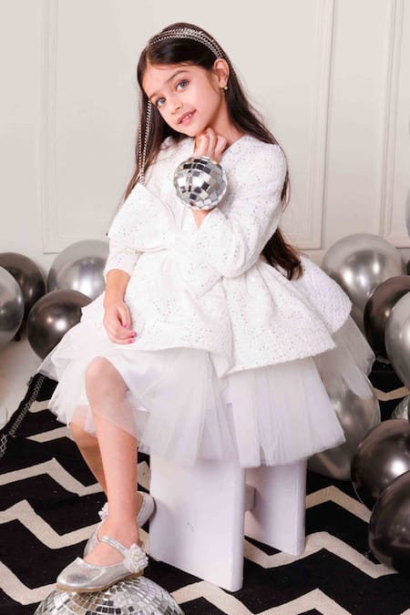 Hoity Moppet_White Tulle, Tweed Sequins Snowflake Bow Dress _Online_at_Aza_Fashions
