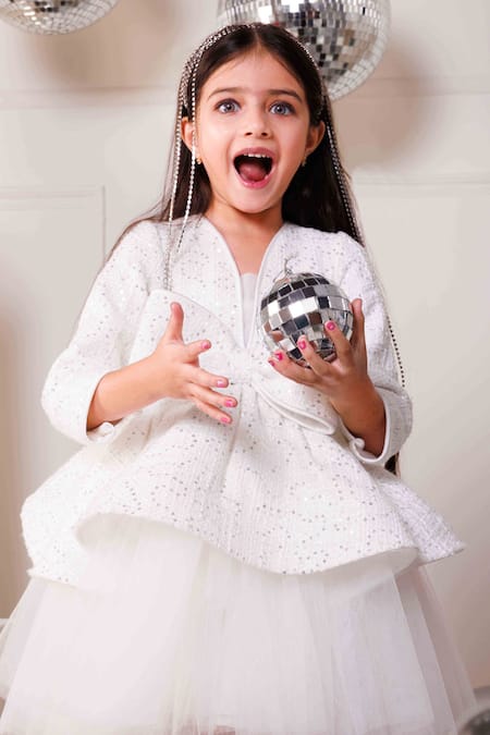 Hoity Moppet_White Tulle, Tweed Sequins Snowflake Bow Dress _at_Aza_Fashions