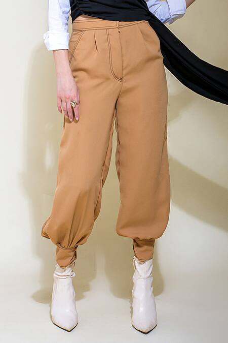 Buy_Saangi_Beige Polyester Collared Draped Tube Top With Cargo Pant Set_Online_at_Aza_Fashions
