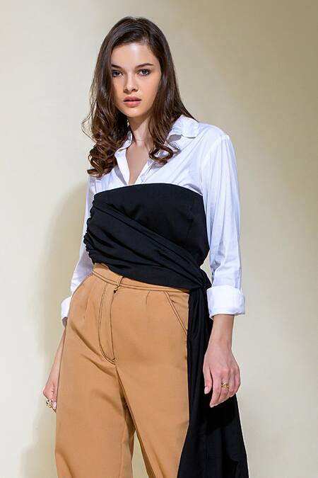 Shop_Saangi_Beige Polyester Collared Draped Tube Top With Cargo Pant Set_Online_at_Aza_Fashions