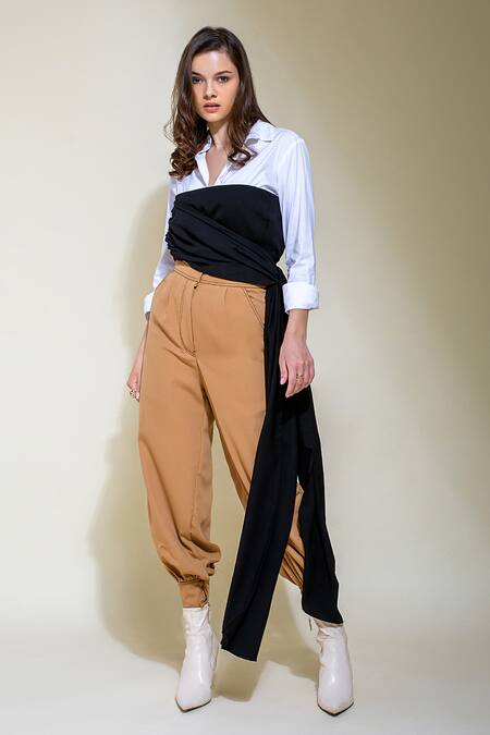 Saangi_Beige Polyester Collared Draped Tube Top With Cargo Pant Set_at_Aza_Fashions