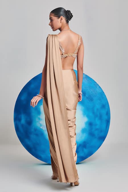 One Knot One By Ashna_Gold Chiffon, Organza, Satin Pleated Pre-draped Saree With Embellished Blouse _Online_at_Aza_Fashions
