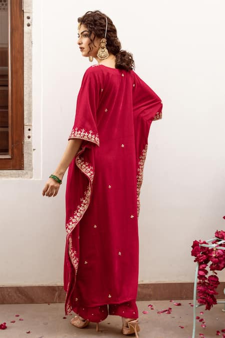 Shop_Maison Shefali_Red Velvet, Silk Zari, Cut Work Ibtida Gulabi Embroidered Kaftan And Pant Set _at_Aza_Fashions