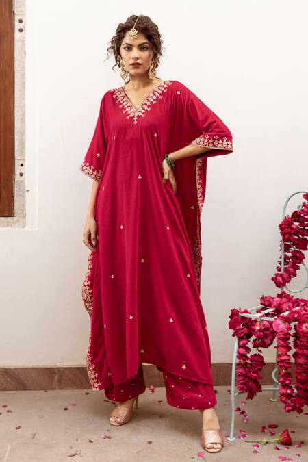 Maison Shefali_Red Velvet, Silk Zari, Cut Work Ibtida Gulabi Embroidered Kaftan And Pant Set _Online_at_Aza_Fashions