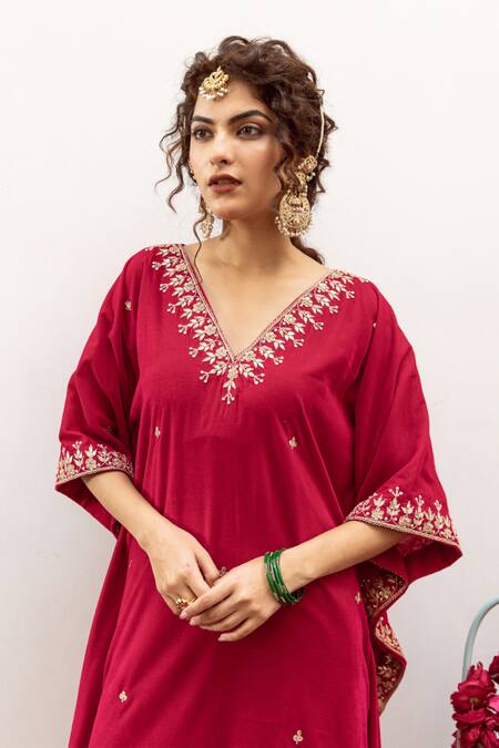 Shop_Maison Shefali_Red Velvet, Silk Zari, Cut Work Ibtida Gulabi Embroidered Kaftan And Pant Set _Online_at_Aza_Fashions