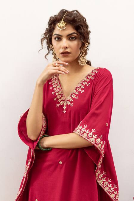 Maison Shefali_Red Velvet, Silk Zari, Cut Work Ibtida Gulabi Embroidered Kaftan And Pant Set _at_Aza_Fashions