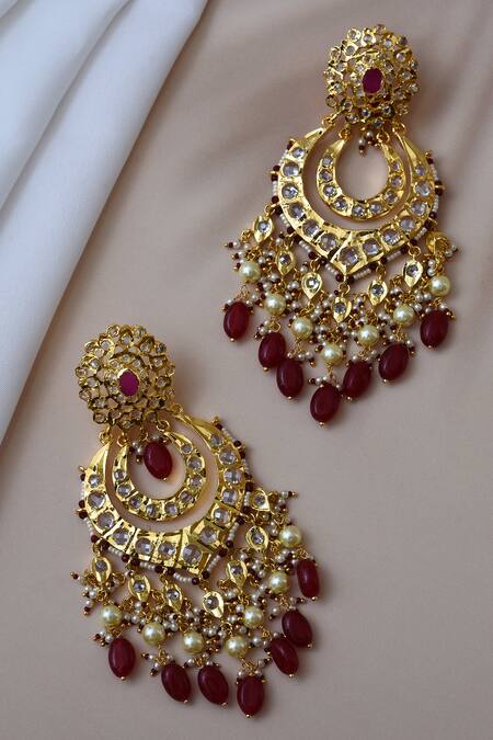 Buy_Kiara_Red Beads, Diamonds, Stones Half Crescent Shaped Chandbalis_Online_at_Aza_Fashions