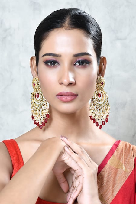 Shop_Kiara_Red Beads, Diamonds, Stones Half Crescent Shaped Chandbalis_Online_at_Aza_Fashions