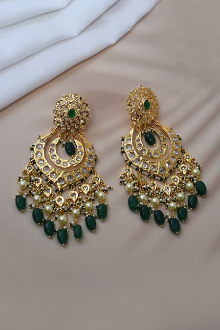 Buy_Kiara_Green Beads, Stones, Diamonds Studded Chandbalis_Online_at_Aza_Fashions