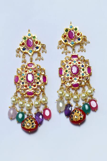 Kiara_Red Lace, Stones Kundan Embellished Earrings_Online_at_Aza_Fashions
