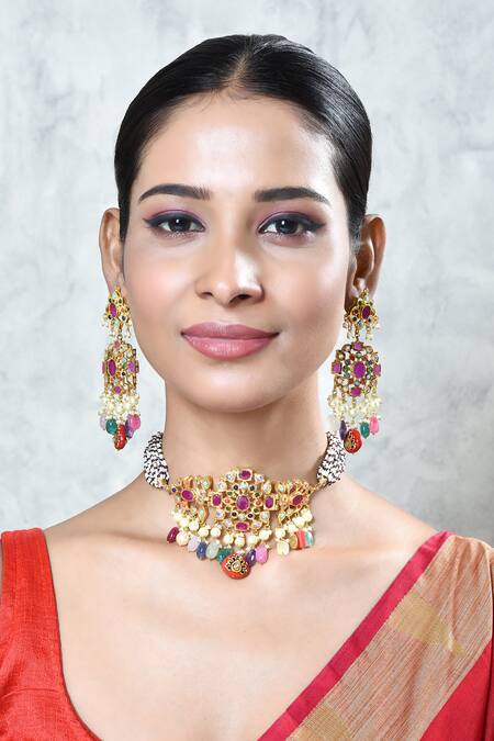 Shop_Kiara_Red Lace, Stones Kundan Embellished Earrings_Online_at_Aza_Fashions