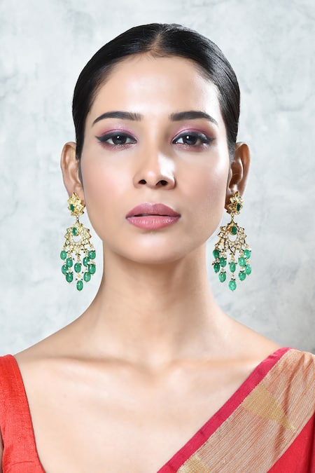 Shop_Kiara_Green Beads, Stones Onyx Embellished Earrings_Online_at_Aza_Fashions