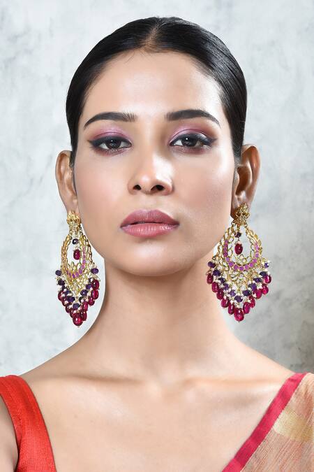 Shop_Kiara_Pink Stones Semi Precious Embellished Earrings_Online_at_Aza_Fashions