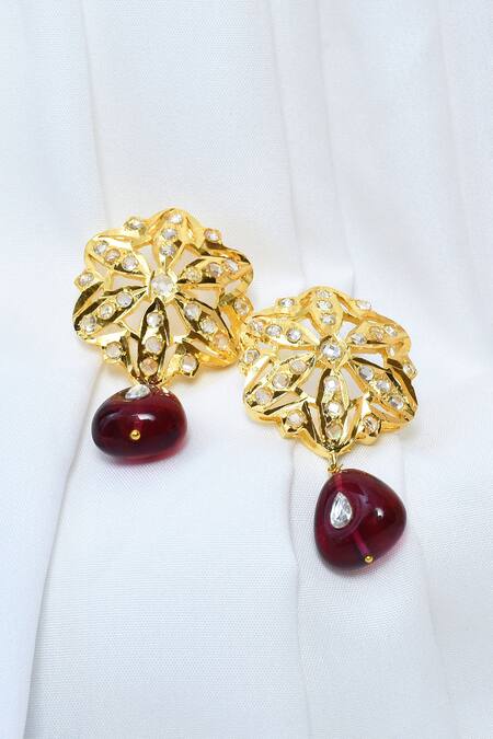 Buy_Kiara_White Pearls, Stones Floral Carved Earrings_Online_at_Aza_Fashions