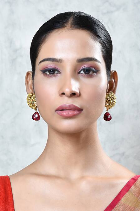 Shop_Kiara_White Pearls, Stones Floral Carved Earrings_Online_at_Aza_Fashions