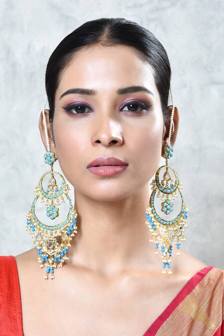 Shop_Kiara_Blue Tassels, Stones Kundan Studded Chandbalis_Online_at_Aza_Fashions