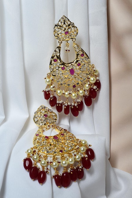 Kiara_Red Stones, Pearls Onyx Studded Chandbalis_Online_at_Aza_Fashions