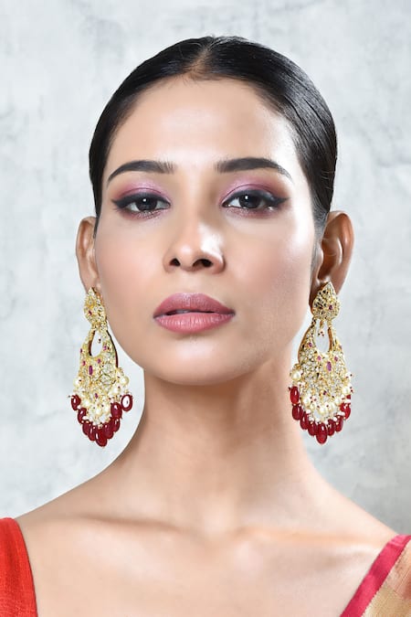 Shop_Kiara_Red Stones, Pearls Onyx Studded Chandbalis_Online_at_Aza_Fashions