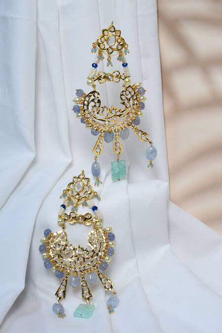 Buy_Kiara_Purple Gota Patti, Stones Floral Carved Chandbalis_Online_at_Aza_Fashions