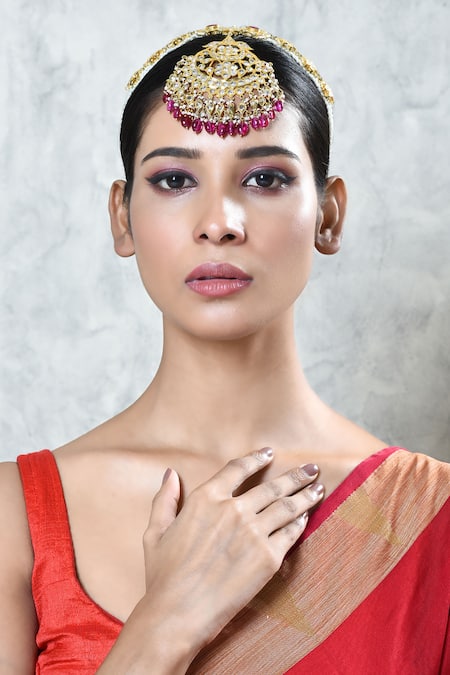 Buy_Kiara_Pink Floral Carved Maangtikka_Online_at_Aza_Fashions