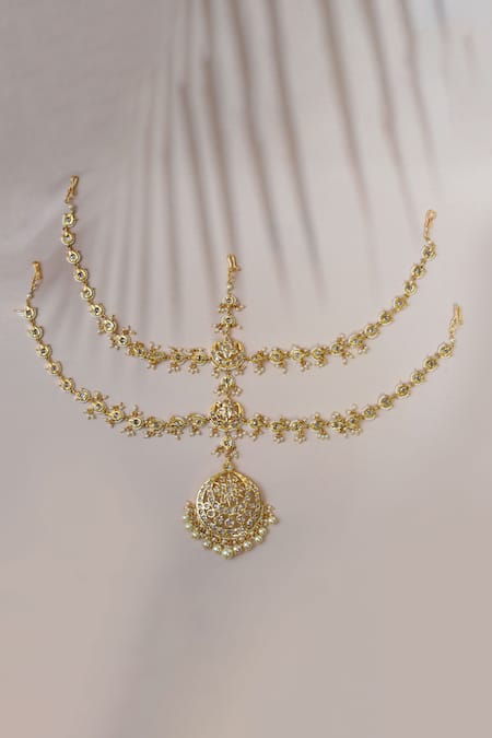 Kiara_White Semi Precious Stone Embedded Layered Maangtikka_Online_at_Aza_Fashions