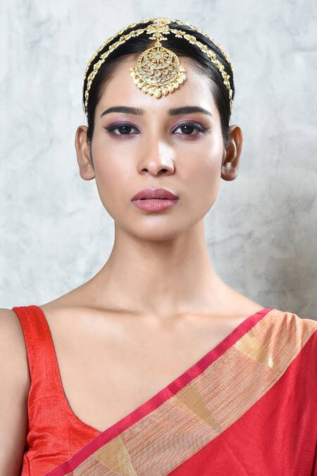 Buy_Kiara_White Semi Precious Stone Embedded Layered Maangtikka_Online_at_Aza_Fashions