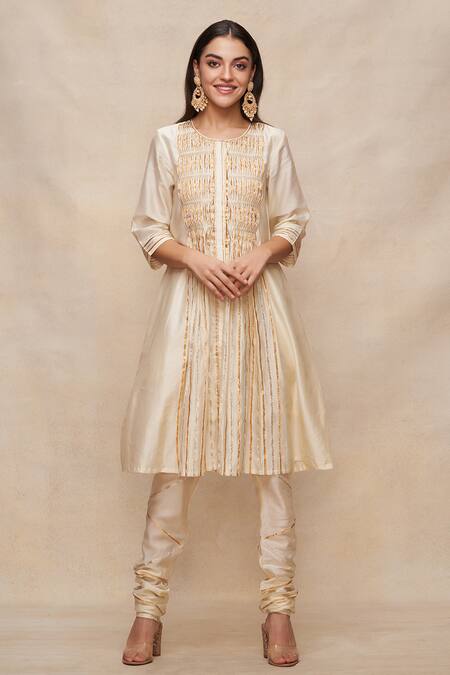 Gulabo By Abu Sandeep Off White Chanderi Embellished Gota Work Round Neck A-line Kurta Online at Aza Fashions Gulabo By Abu Sandeep_Off White Chanderi Embellished Gota Work Round Neck A-line Kurta _Online_at_Aza_Fashions