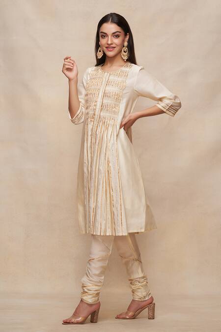 Buy Gulabo By Abu Sandeep Off White Chanderi Embellished Gota Work Round Neck A-line Kurta Online at Aza Fashions Buy_Gulabo By Abu Sandeep_Off White Chanderi Embellished Gota Work Round Neck A-line Kurta _Online_at_Aza_Fashions