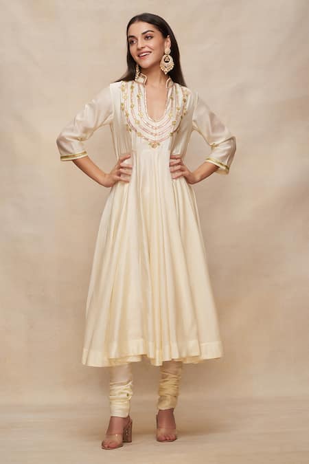 Gulabo by Abu Sandeep Off White Chanderi Embroidered Gota And Thread Work Yoke Anarkali  