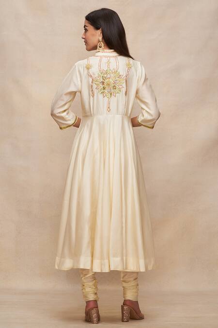 Shop Gulabo By Abu Sandeep Off White Chanderi Embroidered Gota And Thread Work Yoke Anarkali at Aza Fashions Shop_Gulabo By Abu Sandeep_Off White Chanderi Embroidered Gota And Thread Work Yoke Anarkali _at_Aza_Fashions