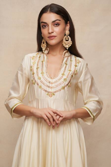 Shop Gulabo By Abu Sandeep Off White Chanderi Embroidered Gota And Thread Work Yoke Anarkali Online at Aza Fashions Shop_Gulabo By Abu Sandeep_Off White Chanderi Embroidered Gota And Thread Work Yoke Anarkali _Online_at_Aza_Fashions