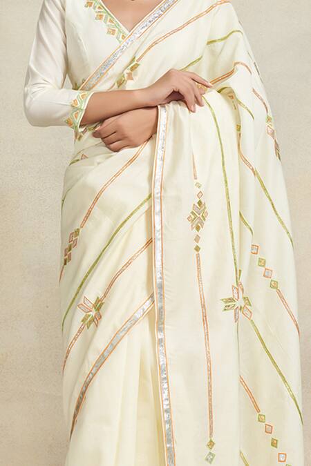 Gulabo By Abu Sandeep_Off White Chanderi Embroidered Gota And Thread Work Saree  _Online_at_Aza_Fashions