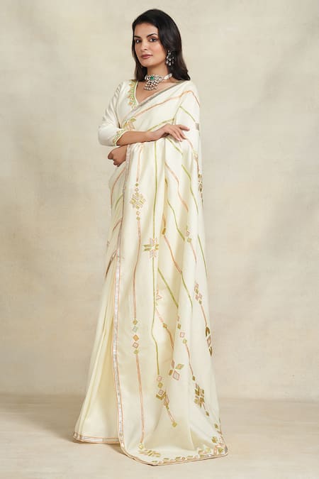 Buy_Gulabo By Abu Sandeep_Off White Chanderi Embroidered Gota And Thread Work Saree  _Online_at_Aza_Fashions