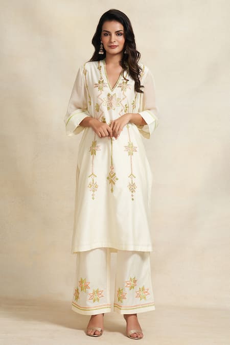 Gulabo by Abu Sandeep Off White Chanderi Embroidered Gota And Thread Work Pant  