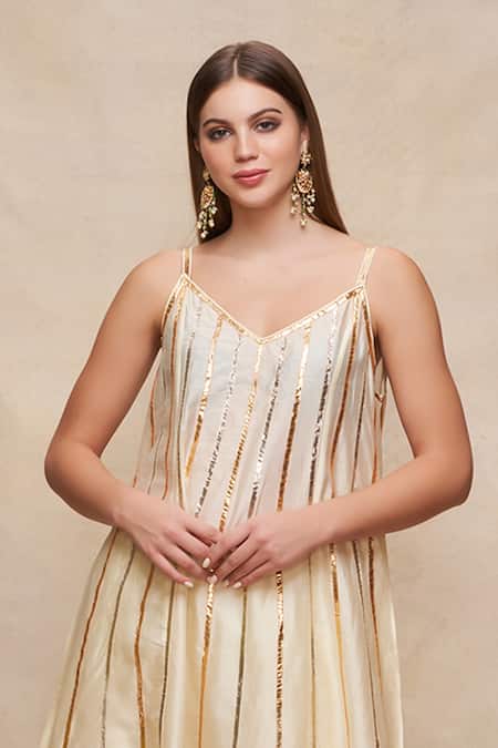 Gulabo By Abu Sandeep_Off White Chanderi Gota Patti V-neck Embroidered A-line Dress _Online_at_Aza_Fashions