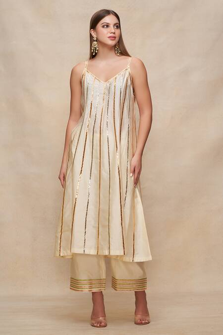 Buy_Gulabo By Abu Sandeep_Off White Chanderi Gota Patti V-neck Embroidered A-line Dress _Online_at_Aza_Fashions