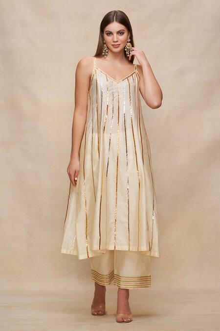 Shop_Gulabo By Abu Sandeep_Off White Chanderi Gota Patti V-neck Embroidered A-line Dress _Online_at_Aza_Fashions